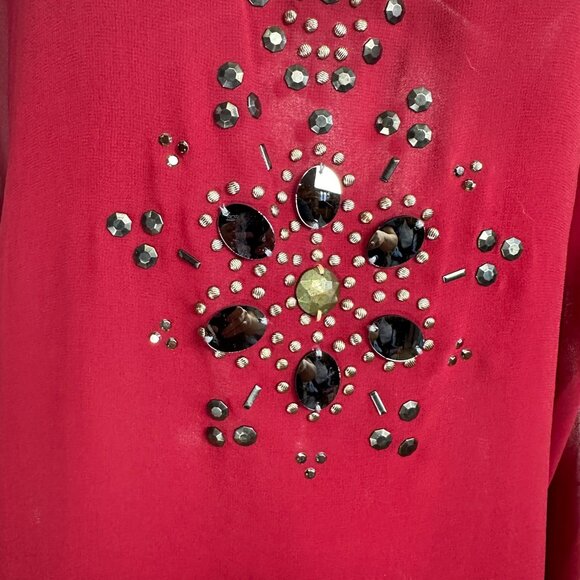 Diane Gillman Boho Sheer Red Tunic Beaded Rhinestone Embellishments & Tassel Tie - Picture 4 of 6
